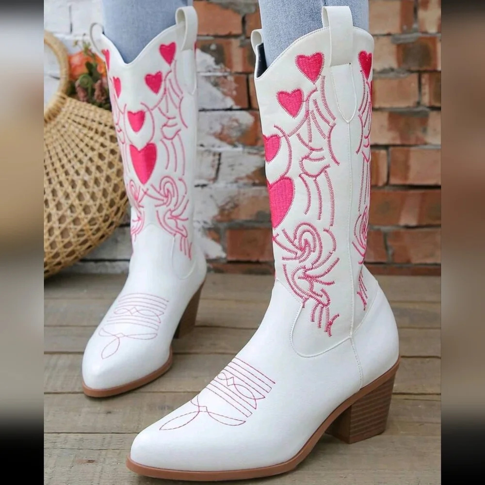 Western Style Knight Boots With Pointed Toe, Chunky Heels And Embroidered